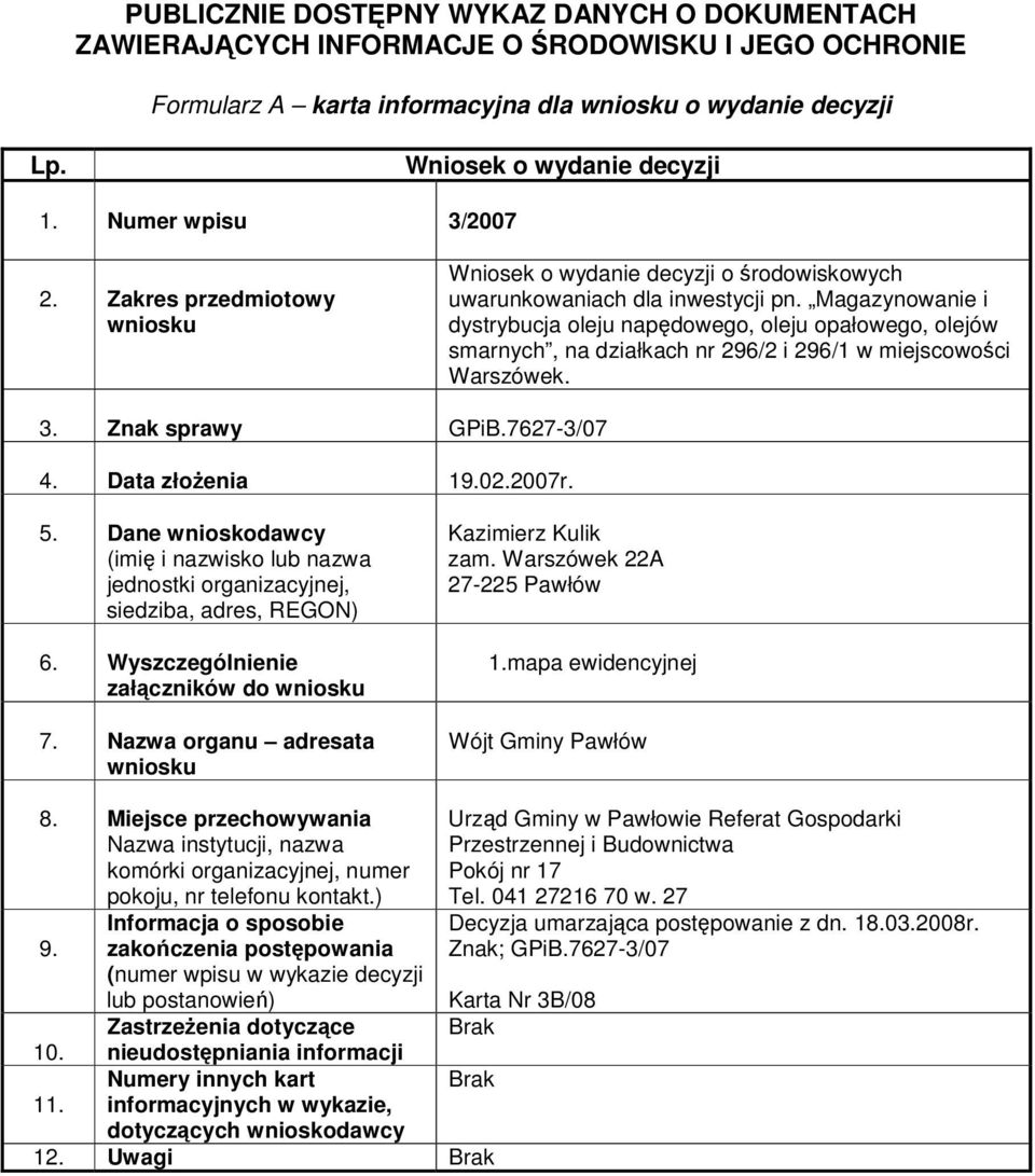 miejscowoci Warszówek. 3. Znak sprawy GPiB.7627-3/07 4. Data złoenia 19.02.2007r. załczników do Kazimierz Kulik zam.