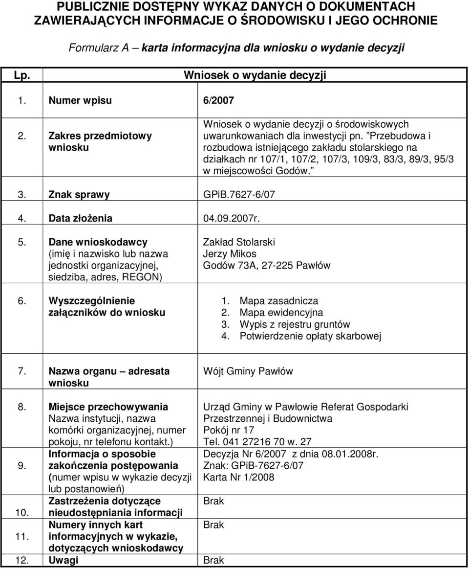 3. Znak sprawy GPiB.7627-6/07 4. Data złoenia 04.09.2007r. załczników do Zakład Stolarski Jerzy Mikos Godów 73A, 1. Mapa zasadnicza 2.