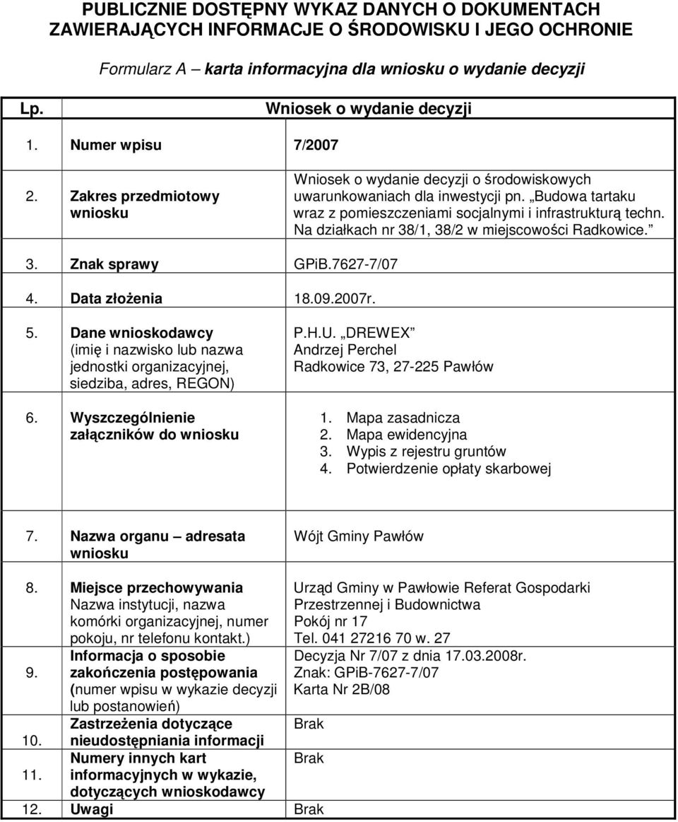 7627-7/07 4. Data złoenia 18.09.2007r. załczników do P.H.U. DREWEX Andrzej Perchel Radkowice 73, 1. Mapa zasadnicza 2.