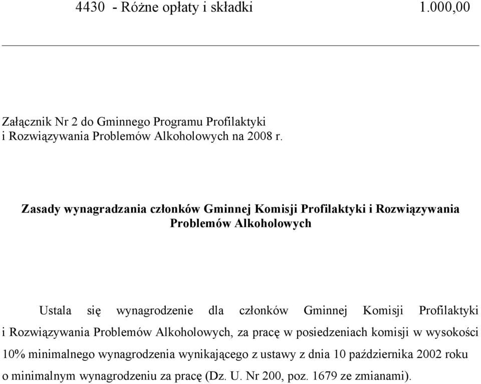 członków Gminnej Komisji Profilaktyki i Rozwiązywania Problemów Alkoholowych, za pracę w posiedzeniach komisji w wysokości 10%