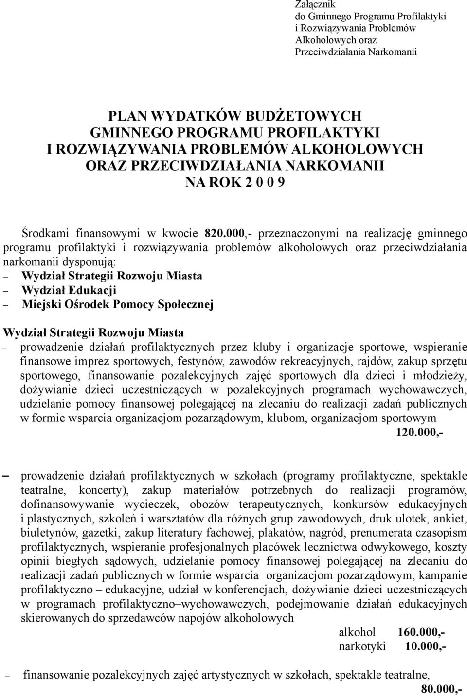 000,- przeznaczonymi na realizację gminnego programu profilaktyki i rozwiązywania problemów alkoholowych oraz przeciwdziałania narkomanii dysponują: Wydział Strategii Rozwoju Miasta Wydział Edukacji