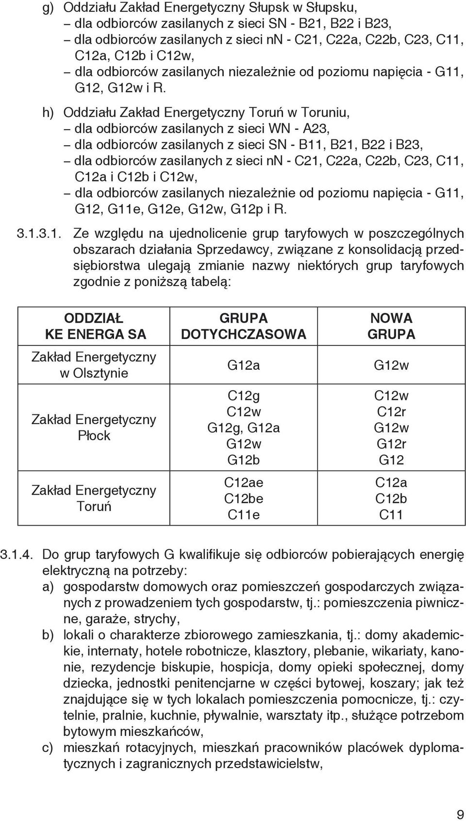 h) Oddziału Zakład Energetyczny Toruń w Toruniu, dla odbiorców zasilanych z sieci WN - A23, dla odbiorców zasilanych z sieci SN - B11, B21, B22 i B23, dla odbiorców zasilanych z sieci nn - C21, C22a,