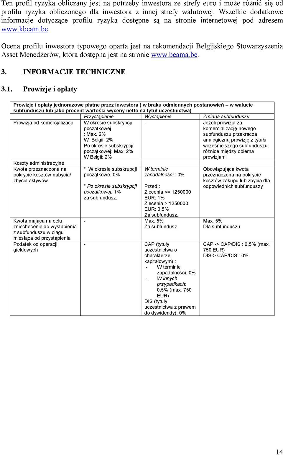 be Ocena profilu inwestora typowego oparta jest na rekomendacji Belgijskiego Stowarzyszenia Asset Menedżerów, która dostępna jest na stronie www.beama.be. 3. INFORMACJE TECHNICZNE 3.1.