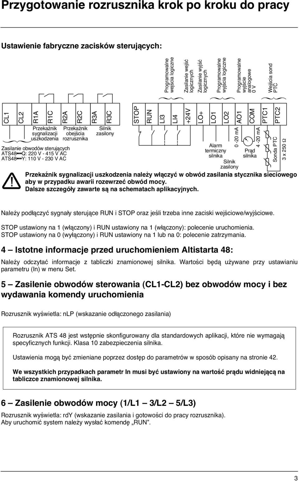 sterujących ATS48 Q: 220 V - 415 V AC ATS48 Y: 110 V - 230 V AC Przekaźnik obejścia rozrusznika Silnik zasilony Alarm termiczny silnika 0-20 ma Silnik zasilony 4-20 ma Prąd silnika Przekaźnik