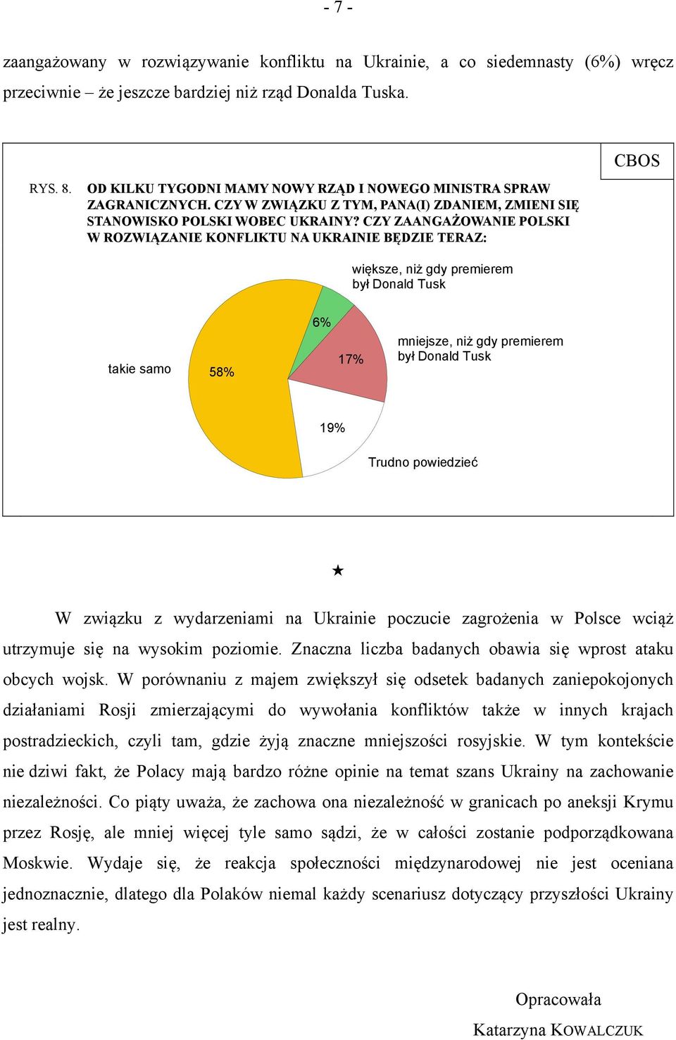 CZY ZAANGAŻOWANIE POLSKI W ROZWIĄZANIE KONFLIKTU NA UKRAINIE BĘDZIE TERAZ: większe, niż gdy premierem był Donald Tusk takie samo 58% 6% 17% mniejsze, niż gdy premierem był Donald Tusk 19% Trudno