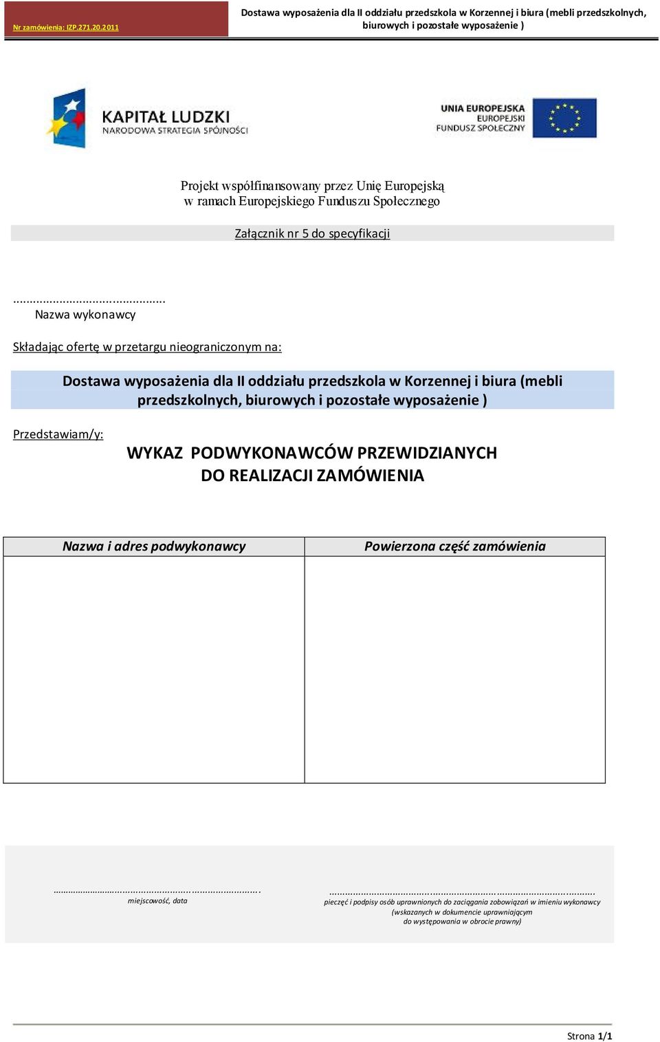 przedszkolnych, Przedstawiam/y: WYKAZ PODWYKONAWCÓW PRZEWIDZIANYCH DO REALIZACJI ZAMÓWIENIA Nazwa i adres podwykonawcy Powierzona część zamówienia.