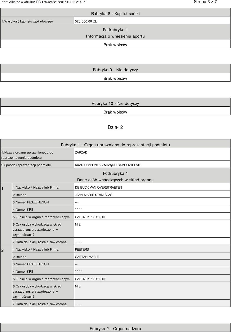 1.Nazwa organu uprawnionego do reprezentowania podmiotu 2.Sposób reprezentacji podmiotu ZARZĄD KAŻDY CZŁONEK ZARZĄDU SAMODZIEL Podrubryka 1 Dane osób wchodzących w skład organu 1 1.