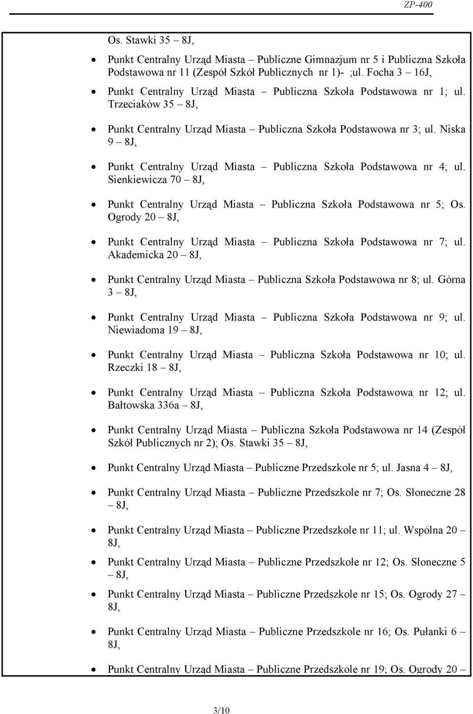 Niska 9 8J, Punkt Centralny Urząd Miasta Publiczna Szkoła Podstawowa nr 4; ul. Sienkiewicza 70 8J, Punkt Centralny Urząd Miasta Publiczna Szkoła Podstawowa nr 5; Os.