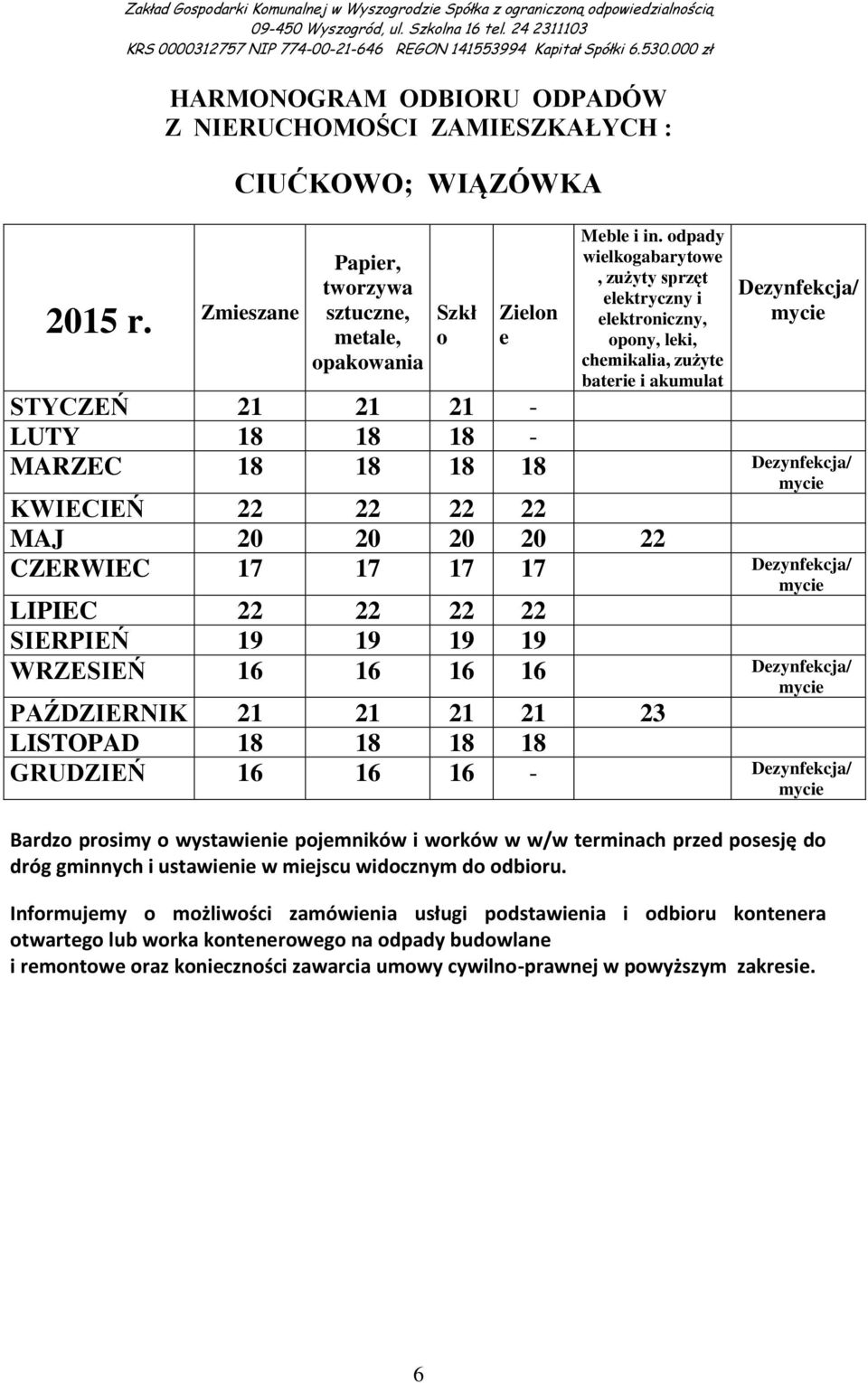 22 CZERWIEC 17 17 17 17 Dzynfkcja/ LIPIEC 22 22 22 22 SIERPIEŃ 19 19 19 19 WRZESIEŃ 16 16 16 16 Dzynfkcja/ PAŹDZIERNIK 21 21 21 21 23 LISTOPAD 18 18 18 18 GRUDZIEŃ 16 16 16 - Dzynfkcja/ Bardz prsimy