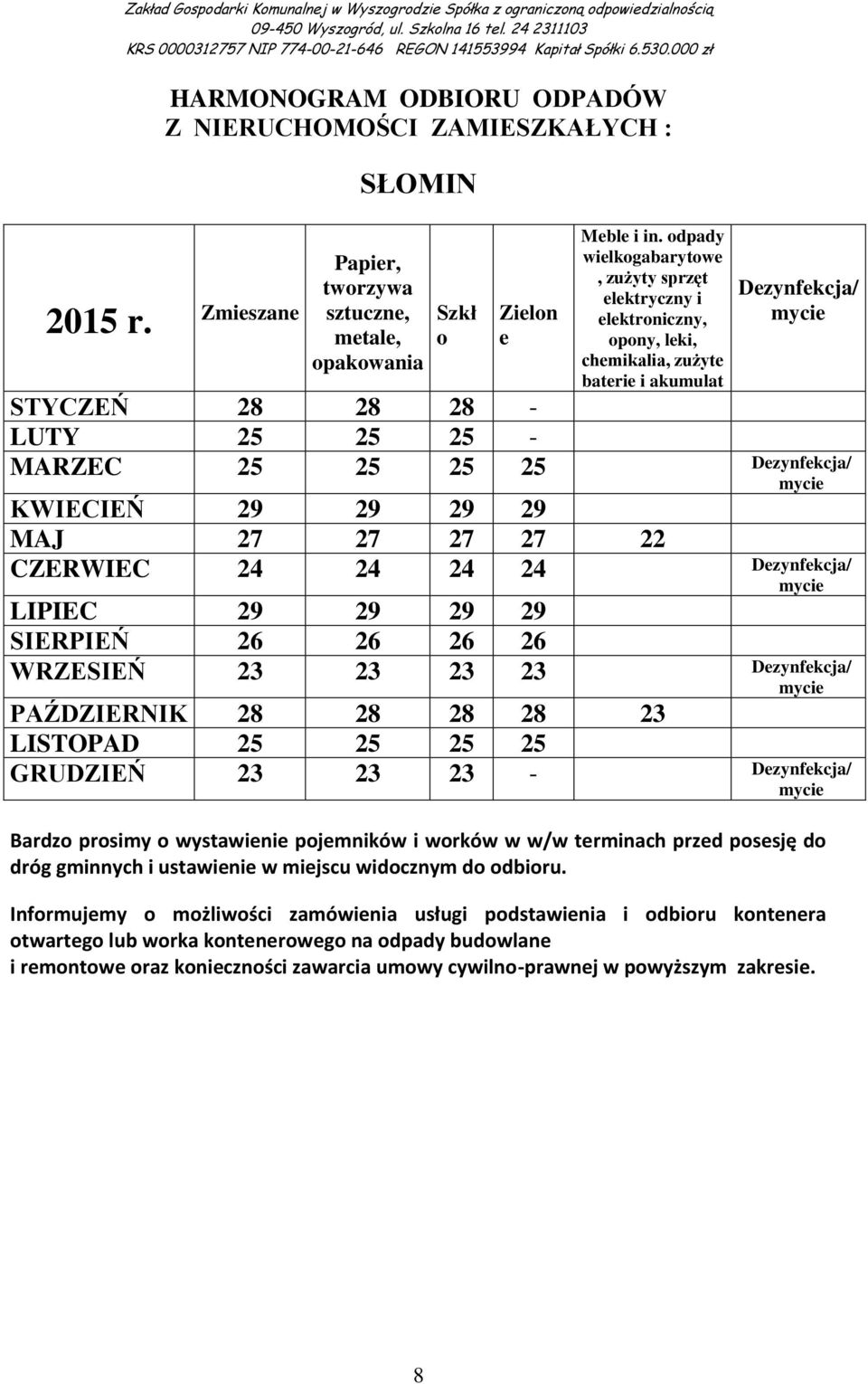 22 CZERWIEC 24 24 24 24 Dzynfkcja/ LIPIEC 29 29 29 29 SIERPIEŃ 26 26 26 26 WRZESIEŃ 23 23 23 23 Dzynfkcja/ PAŹDZIERNIK 28 28 28 28 23 LISTOPAD 25 25 25 25 GRUDZIEŃ 23 23 23 - Dzynfkcja/ Bardz prsimy