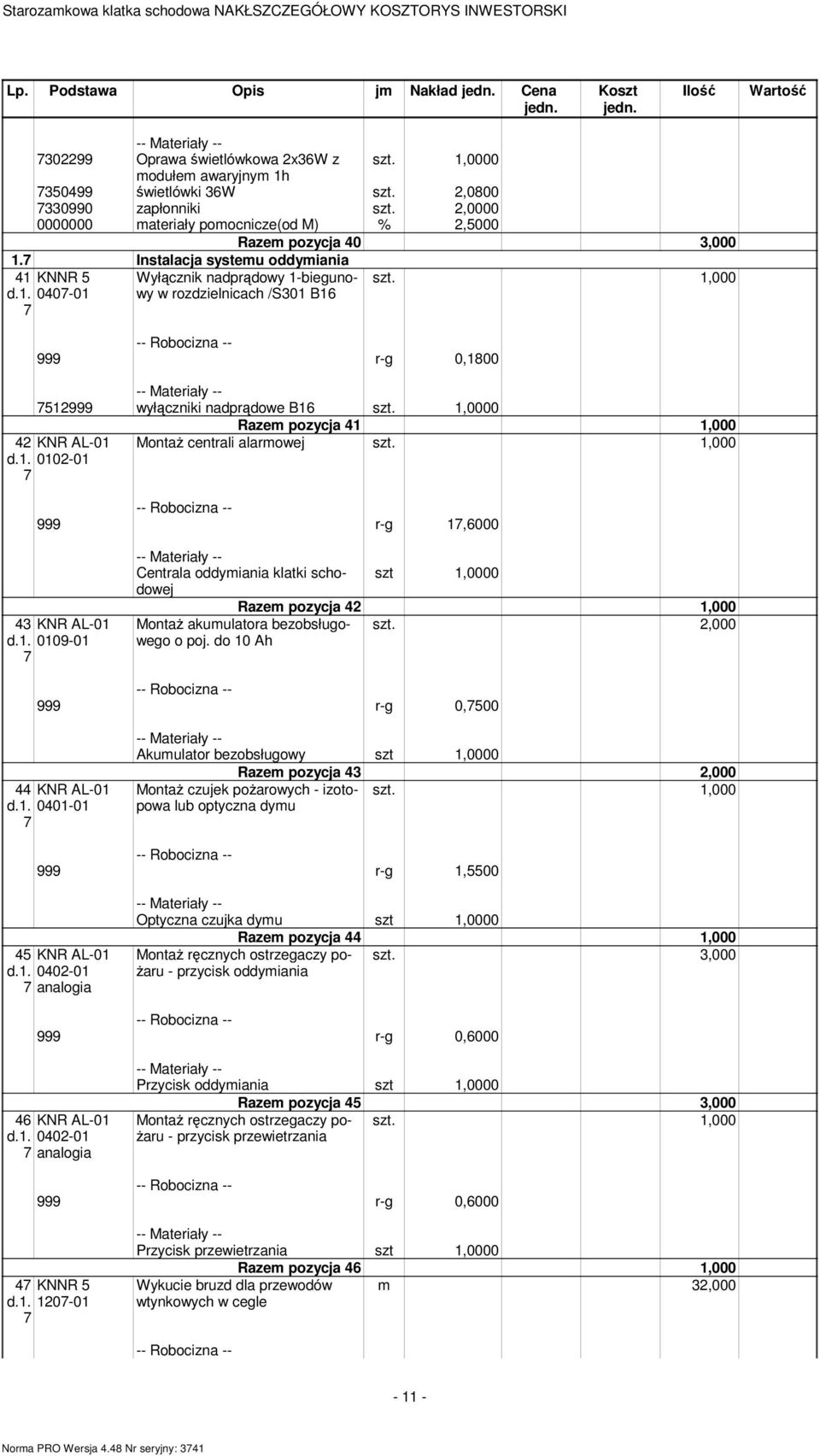 1,000 999 r-g 0,1800 51999 wyłączniki nadprądowe B16 szt. 1,0000 KNR AL-01 d.1. 010-01 Razem pozycja 1 1,000 MontaŜ centrali alarmowej szt. 1,000 999 r-g 1,6000 KNR AL-01 d.1. 0109-01 Centrala oddymiania klatki schodowej szt 1,0000 Razem pozycja 1,000 szt.