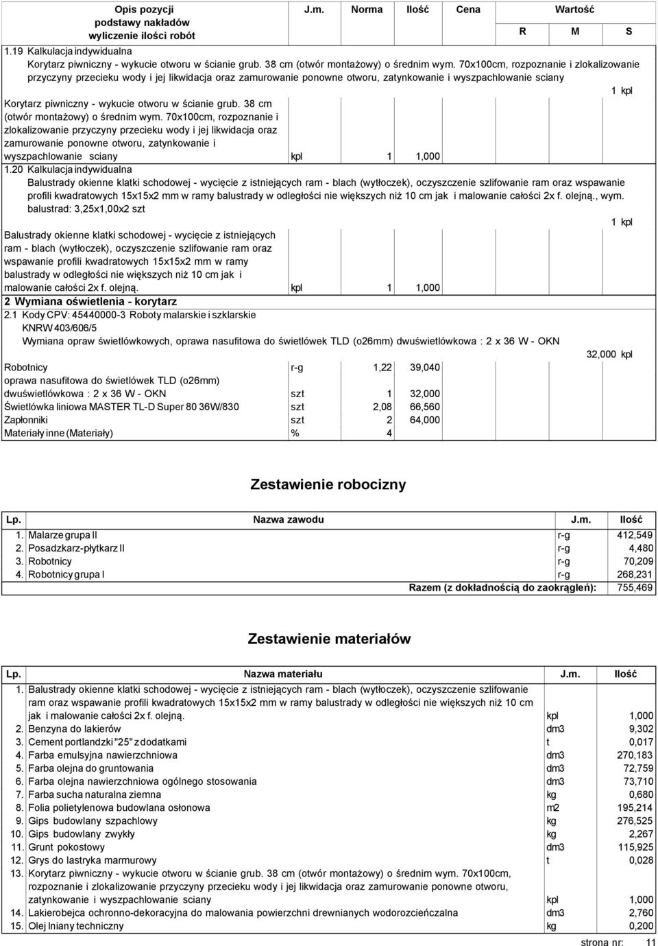 70x100cm, rozpoznanie i zlokalizowanie przyczyny przecieku wody i jej likwidacja oraz zamurowanie ponowne otworu, zatynkowanie i wyszpachlowanie sciany 1 kpl Korytarz piwniczny - wykucie otworu w