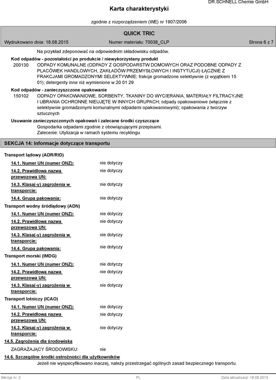 INSTYTUCJI) ŁĄCZNIE Z FRAKCJAMI GROMADZONYMI SELEKTYWNIE; frakcje gromadzone selektywnie (z wyjątkiem 15 01); detergenty inne niż wymienione w 20 01 29 Kod odpadów - zanieczyszczone opakowanie 150102