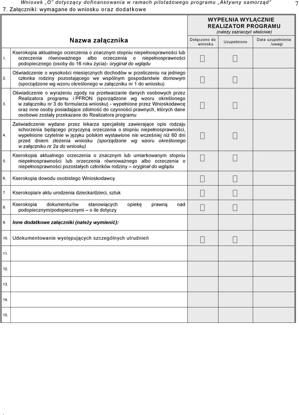 we wspólnym gospodarstwie domowym (sporządzone wg wzoru określonego w załączniku nr 1 do wniosku) Oświadczenie o wyrażeniu zgody na przetwarzanie danych osobowych przez Realizatora programu i PFRON