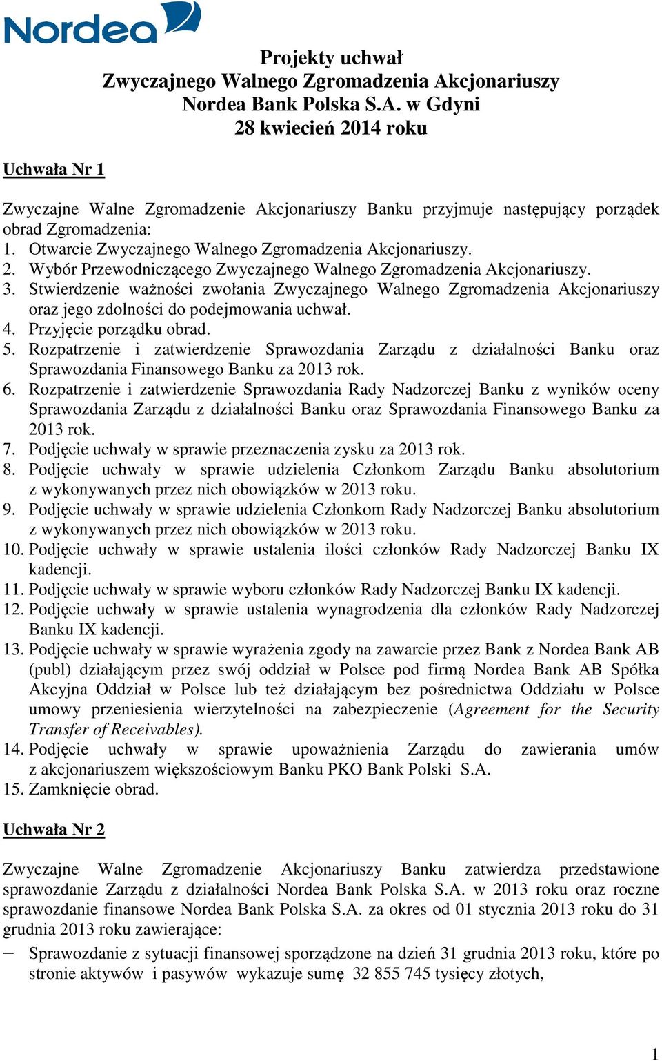 Stwierdzenie ważności zwołania Zwyczajnego Walnego Zgromadzenia Akcjonariuszy oraz jego zdolności do podejmowania uchwał. 4. Przyjęcie porządku obrad. 5.