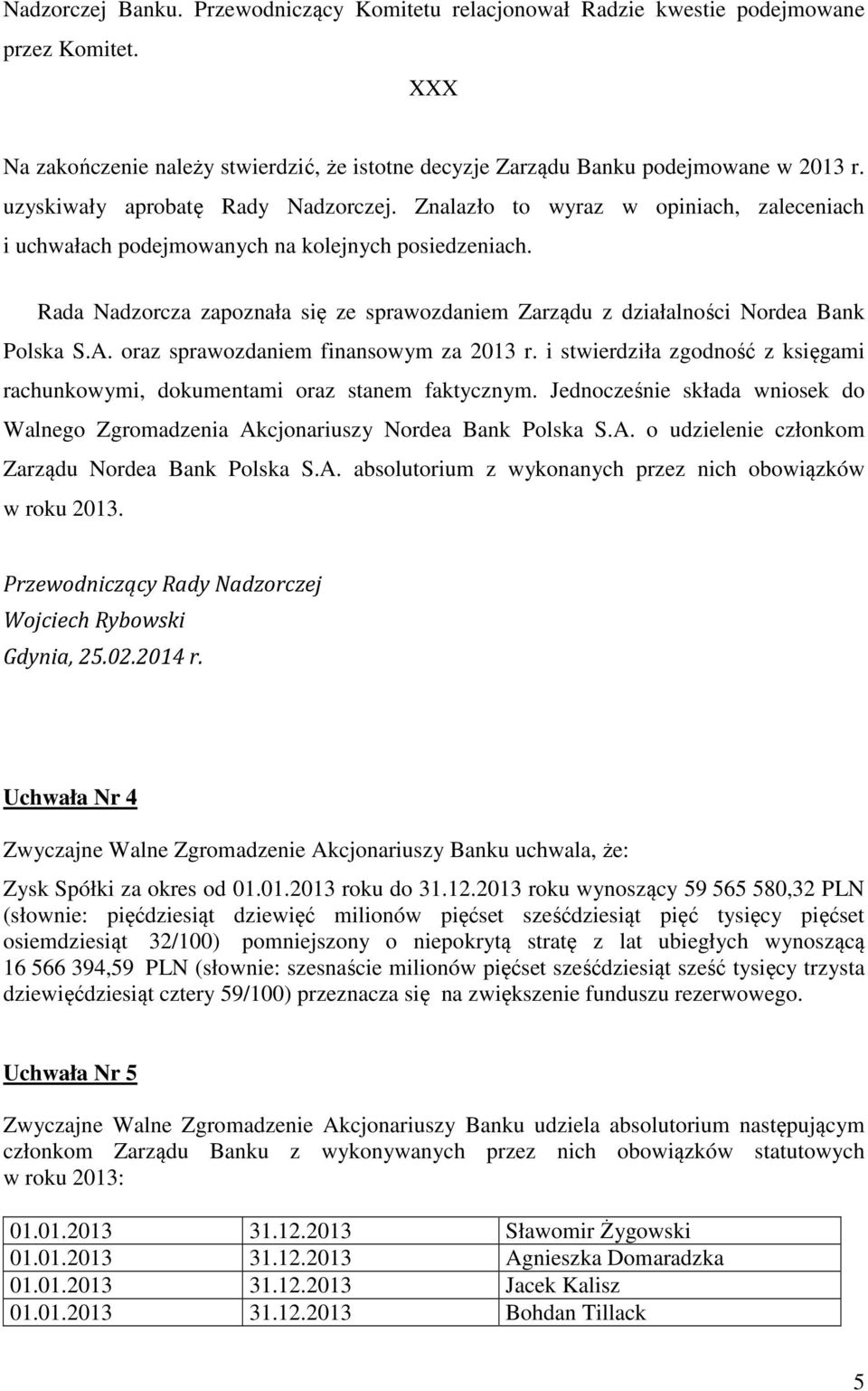 Rada Nadzorcza zapoznała się ze sprawozdaniem Zarządu z działalności Nordea Bank Polska S.A. oraz sprawozdaniem finansowym za 2013 r.