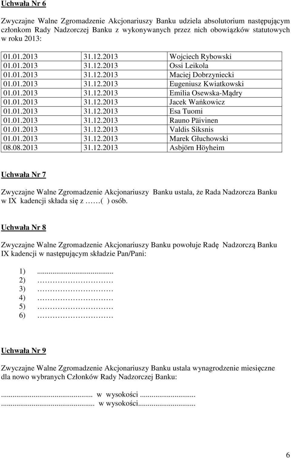 01.2013 31.12.2013 Esa Tuomi 01.01.2013 31.12.2013 Rauno Päivinen 01.01.2013 31.12.2013 Valdis Siksnis 01.01.2013 31.12.2013 Marek Głuchowski 08.08.2013 31.12.2013 Asbjörn Höyheim Uchwała Nr 7 Zwyczajne Walne Zgromadzenie Akcjonariuszy Banku ustala, że Rada Nadzorcza Banku w IX kadencji składa się z ( ) osób.