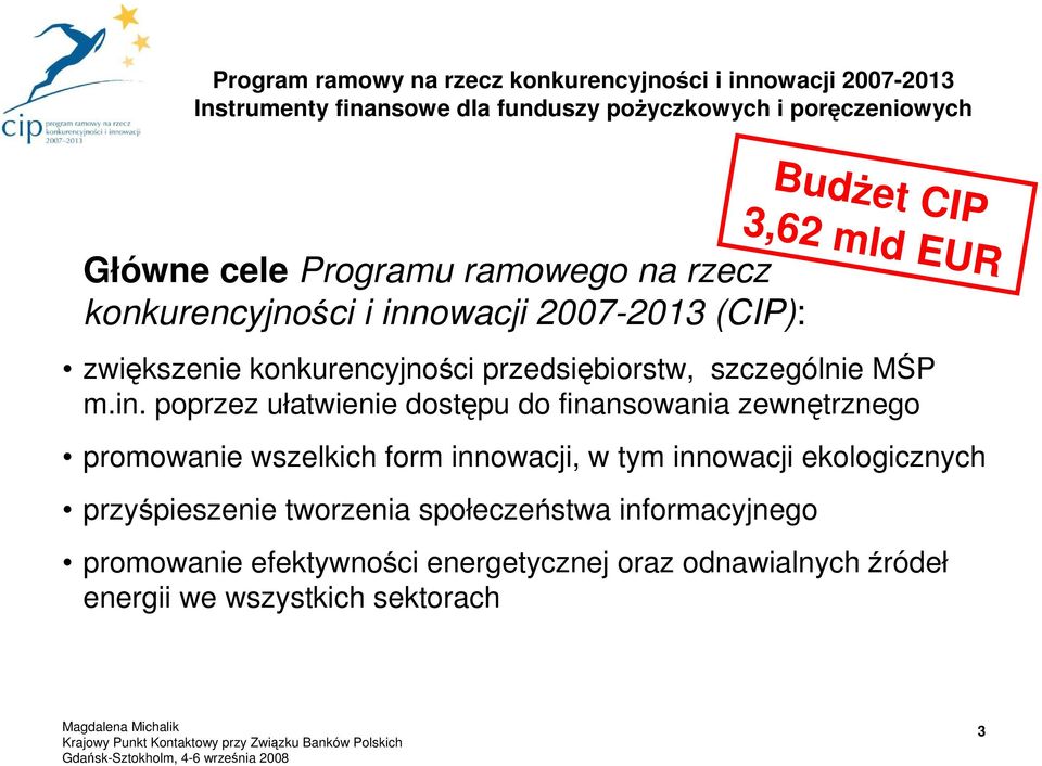 owacji 2007-2013 (CIP): zwiększenie konkurencyjności przedsiębiorstw, szczególnie MŚP m.in.