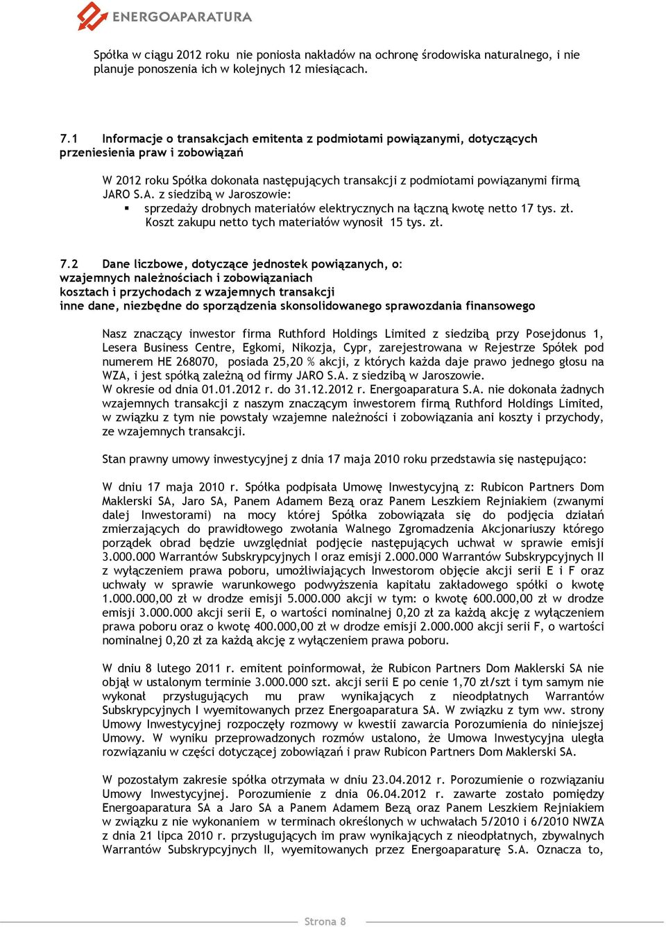 O S.A. z siedzibą w Jaroszowie: sprzedaży drobnych materiałów elektrycznych na łączną kwotę netto 17 tys. zł. Koszt zakupu netto tych materiałów wynosił 15 tys. zł. 7.