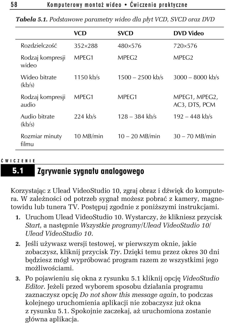 Rozmiar minuty filmu MPEG1 MPEG2 MPEG2 1150 kb/s 1500 2500 kb/s 3000 8000 kb/s MPEG1 MPEG1 MPEG1, MPEG2, AC3, DTS, PCM 224 kb/s 128 384 kb/s 192 448 kb/s 10 MB/min 10 20 MB/min 30 70 MB/min ĆWICZENIE