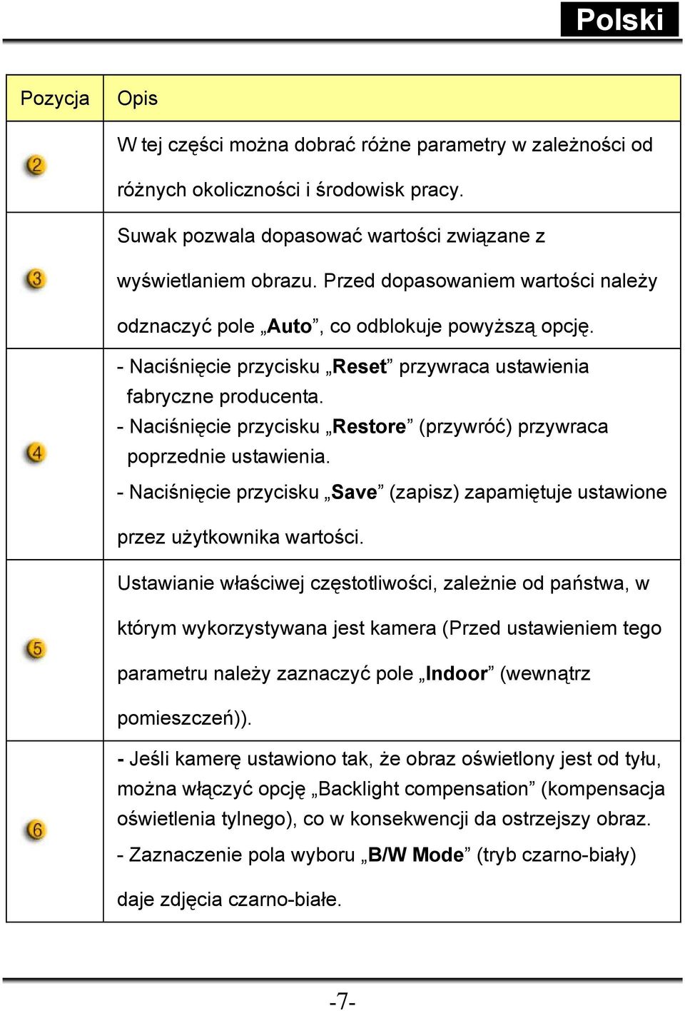 - Naciśnięcie przycisku Restore (przywróć) przywraca poprzednie ustawienia. - Naciśnięcie przycisku Save (zapisz) zapamiętuje ustawione przez użytkownika wartości.