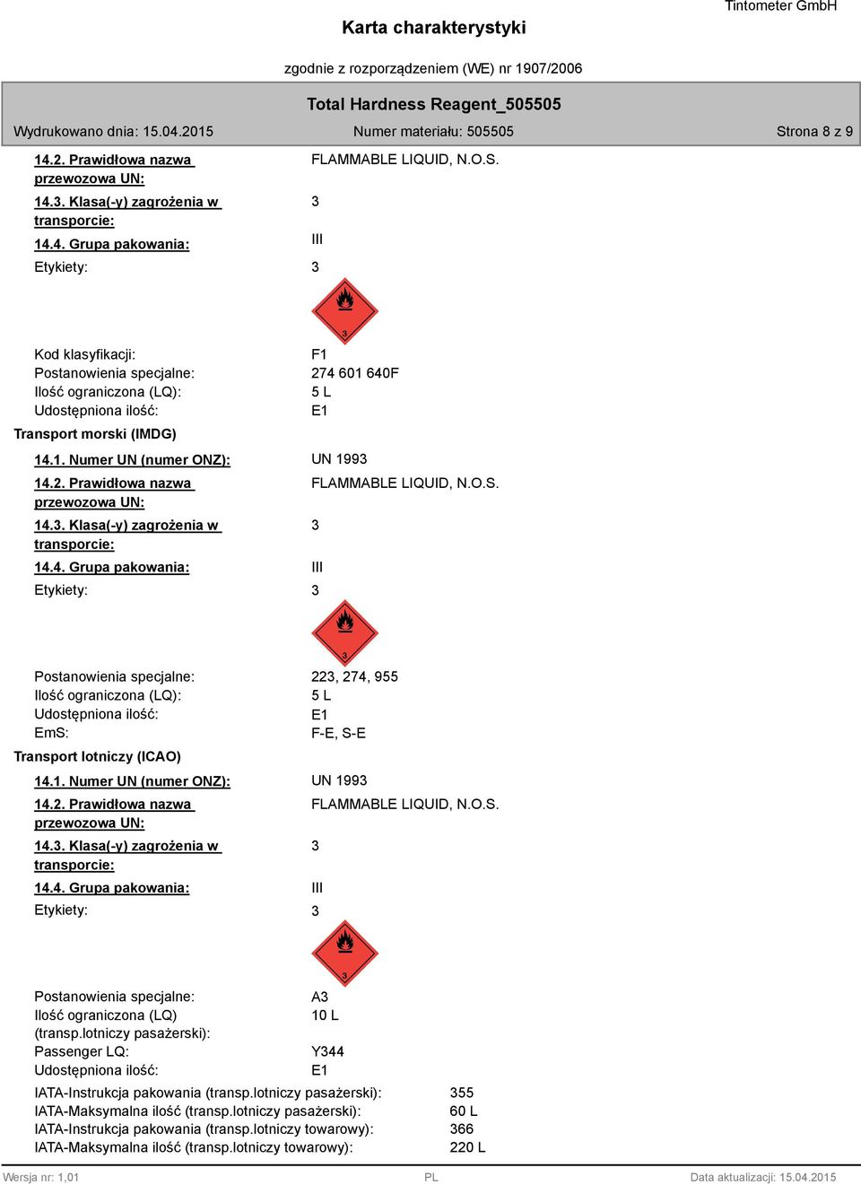 III Postanowienia specjalne: Ilość ograniczona (LQ): Udostępniona ilość: EmS: Transport lotniczy (ICAO) 22, 274, 955 5 L E1 F-E, S-E 14. III Postanowienia specjalne: Ilość ograniczona (LQ) (transp.