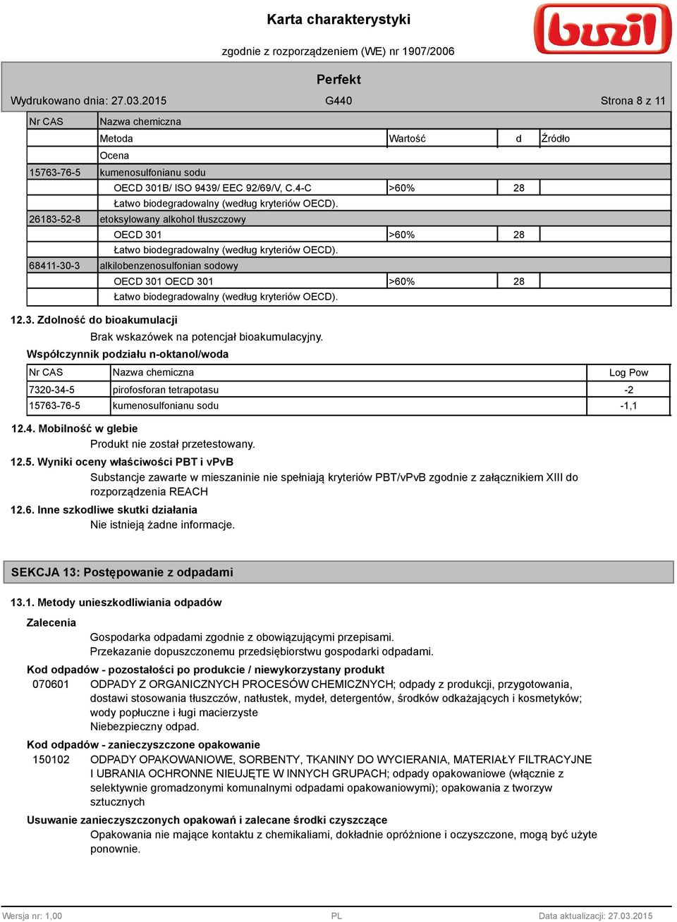 Źródło 12.3. Zdolność do bioakumulacji Brak wskazówek na potencjał bioakumulacyjny. Współczynnik podziału n-oktanol/woda 7320-34-5 pirofosforan tetrapotasu -2 15763-76-5 kumenosulfonianu sodu -1,1 12.