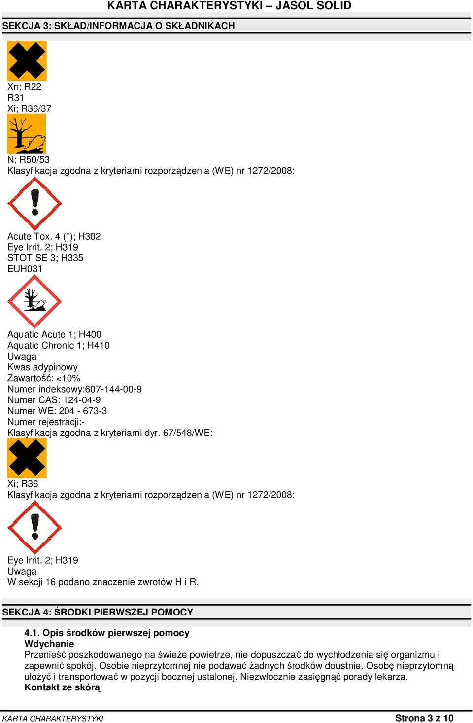 rejestracji:- Klasyfikacja zgodna z kryteriami dyr. 67/548/WE: Xi; R36 Klasyfikacja zgodna z kryteriami rozporządzenia (WE) nr 1272/2008: Eye Irrit.