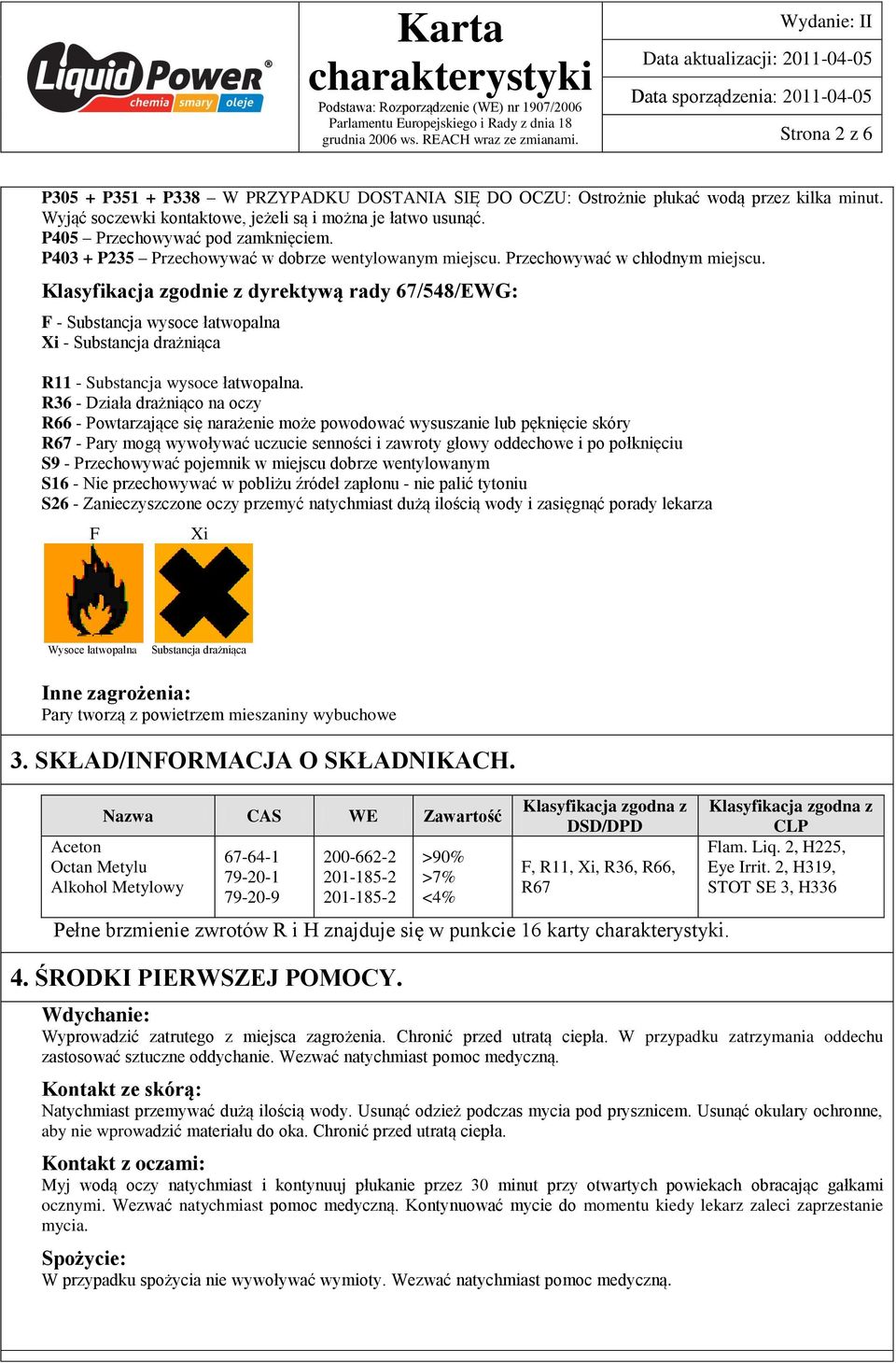 Klasyfikacja zgodnie z dyrektywą rady 67/548/EWG: F - Substancja wysoce łatwopalna Xi - Substancja drażniąca R11 - Substancja wysoce łatwopalna.