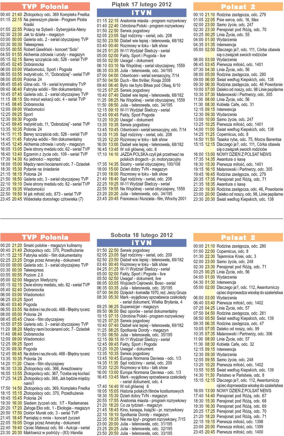 2 - serial obyczajowy TVP 03:55 00:55 Robert Gawliñski - koncert Solo 04:55 01:55 Alchemia zdrowia i urody - magazyn 05:15 02:15 Barwy szczêœcia odc. 526 - serial TVP 06:55 03:55 Instynkt odc.