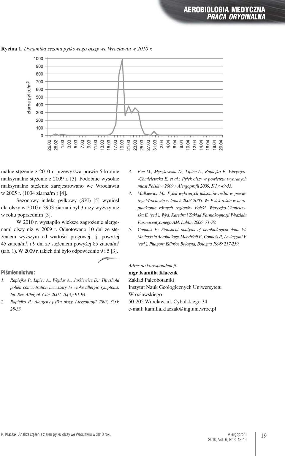 3903 ziarna i był 3 razy wyższy niż w roku poprzednim [3]. W 2010 r. wystąpiło większe zagrożenie alergenami olszy niż w 2009 r. Odnotowano 10 dni ze stężeniem wyższym od wartości progowej, tj.