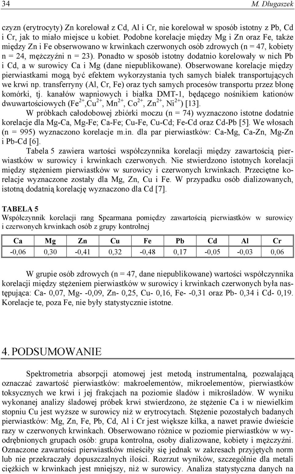 Ponadto w sposób istotny dodatnio korelowały w nich Pb i Cd, a w surowicy Ca i Mg (dane niepublikowane).