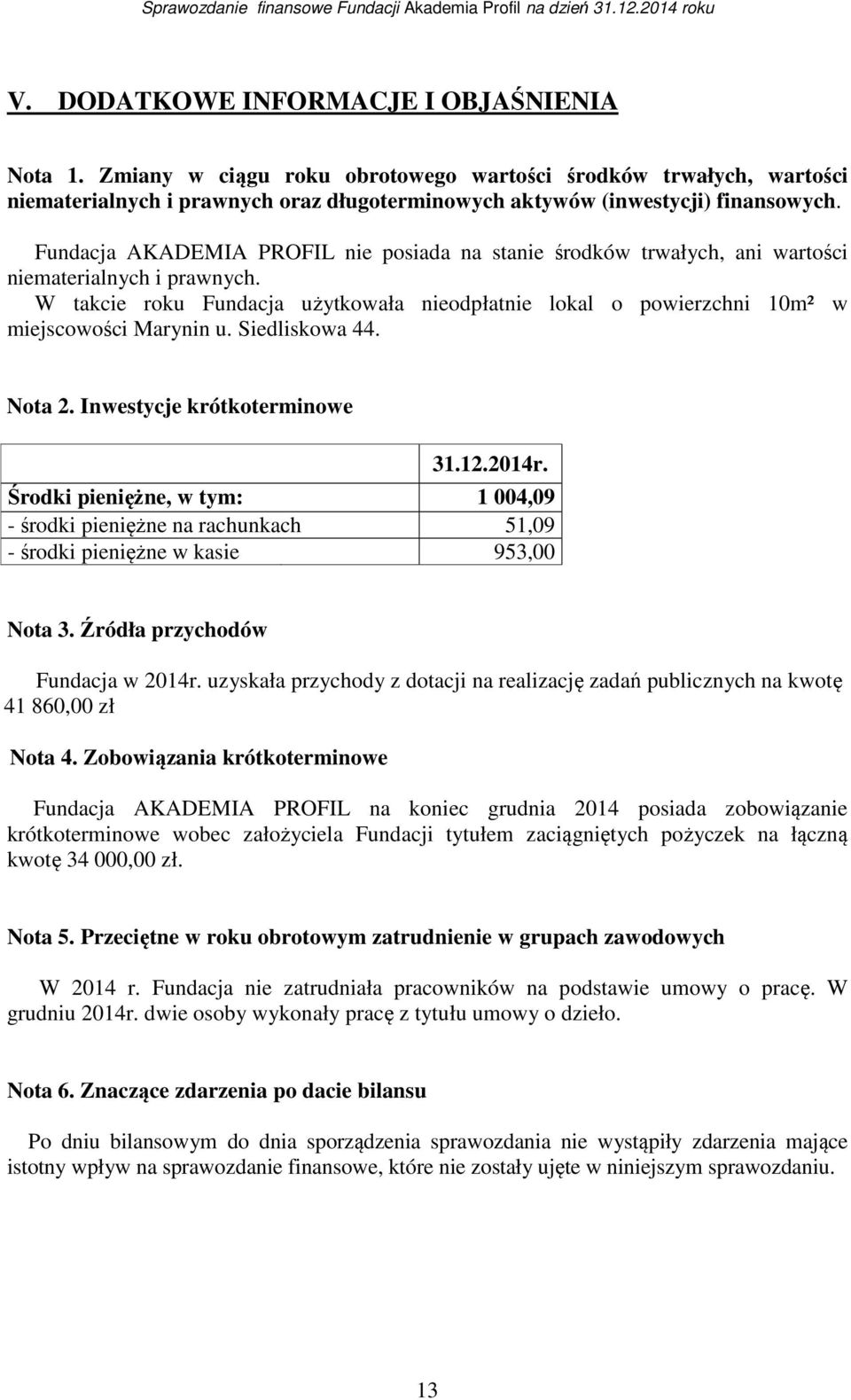 W takcie roku Fundacja użytkowała nieodpłatnie lokal o powierzchni 10m² w miejscowości Marynin u. Siedliskowa 44. Nota 2. Inwestycje krótkoterminowe 31.12.2014r.