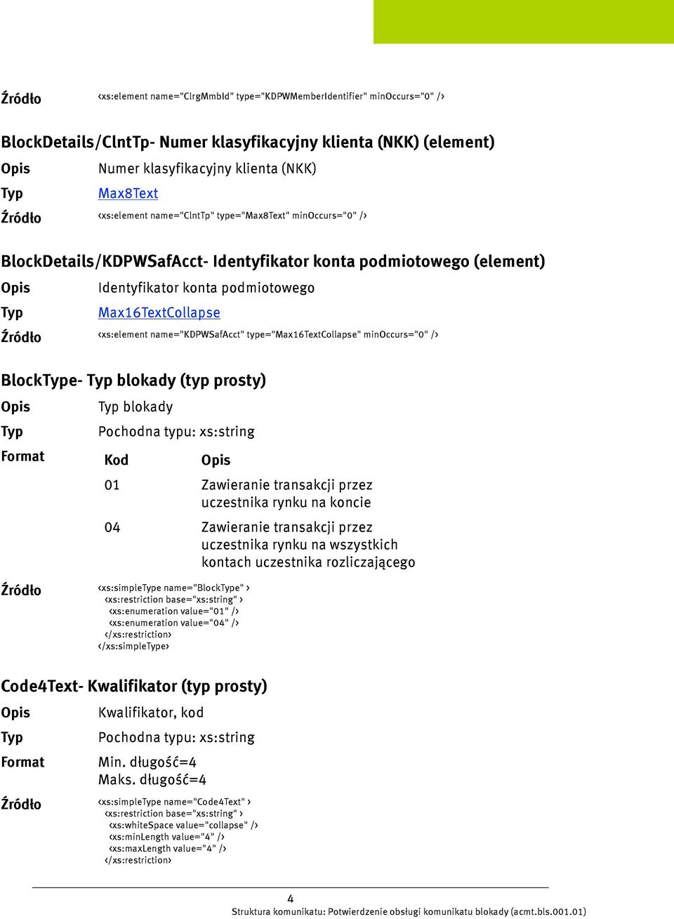 type="max16textcollapse" minoccurs="0" /> Blocke- blokady (typ prosty) blokady Kod 01 Zawieranie transakcji przez uczestnika rynku na koncie 04 Zawieranie transakcji przez uczestnika rynku na