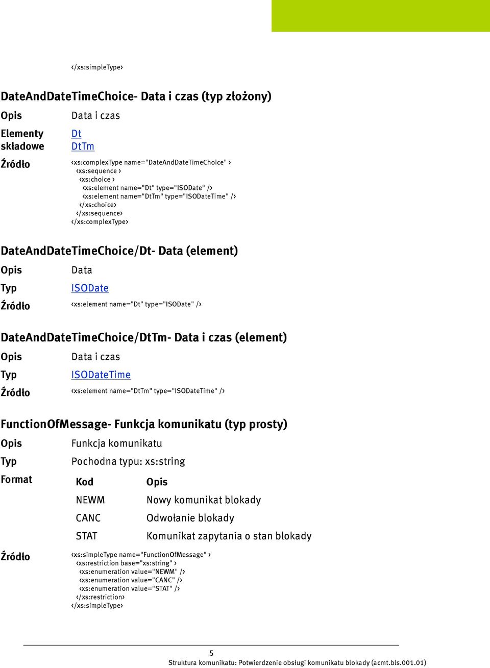 /> DateAndDateTimeChoice/DtTm- Data i czas (element) Data i czas ISODateTime <xs:element name="dttm" type="isodatetime" /> FunctionOfMessage- Funkcja komunikatu (typ prosty) Funkcja komunikatu Kod