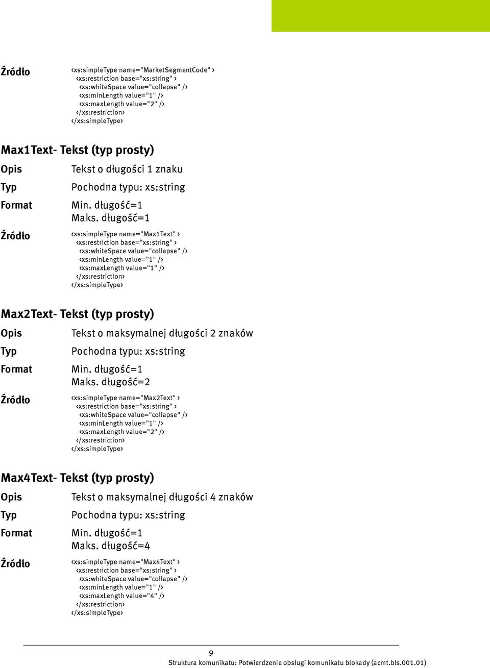 długość=1 <xs:simplee name="max1text" > <xs:maxlength value="1" /> </xs:simplee> Max2Text- Tekst (typ prosty) Tekst o maksymalnej