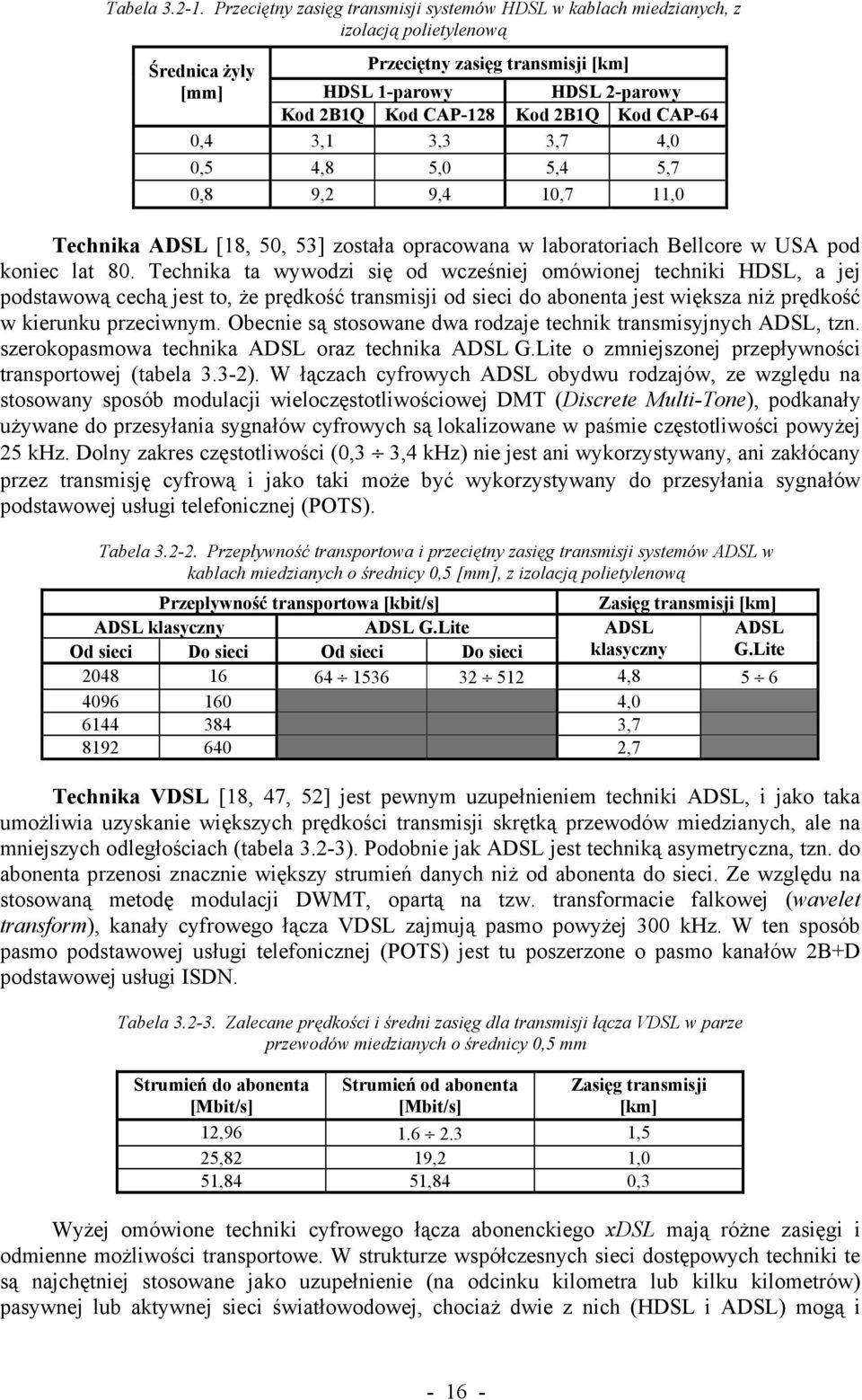 2B1Q Kod CAP-64 0,4 3,1 3,3 3,7 4,0 0,5 4,8 5,0 5,4 5,7 0,8 9,2 9,4 10,7 11,0 Technika ADSL [18, 50, 53] została opracowana w laboratoriach Bellcore w USA pod koniec lat 80.