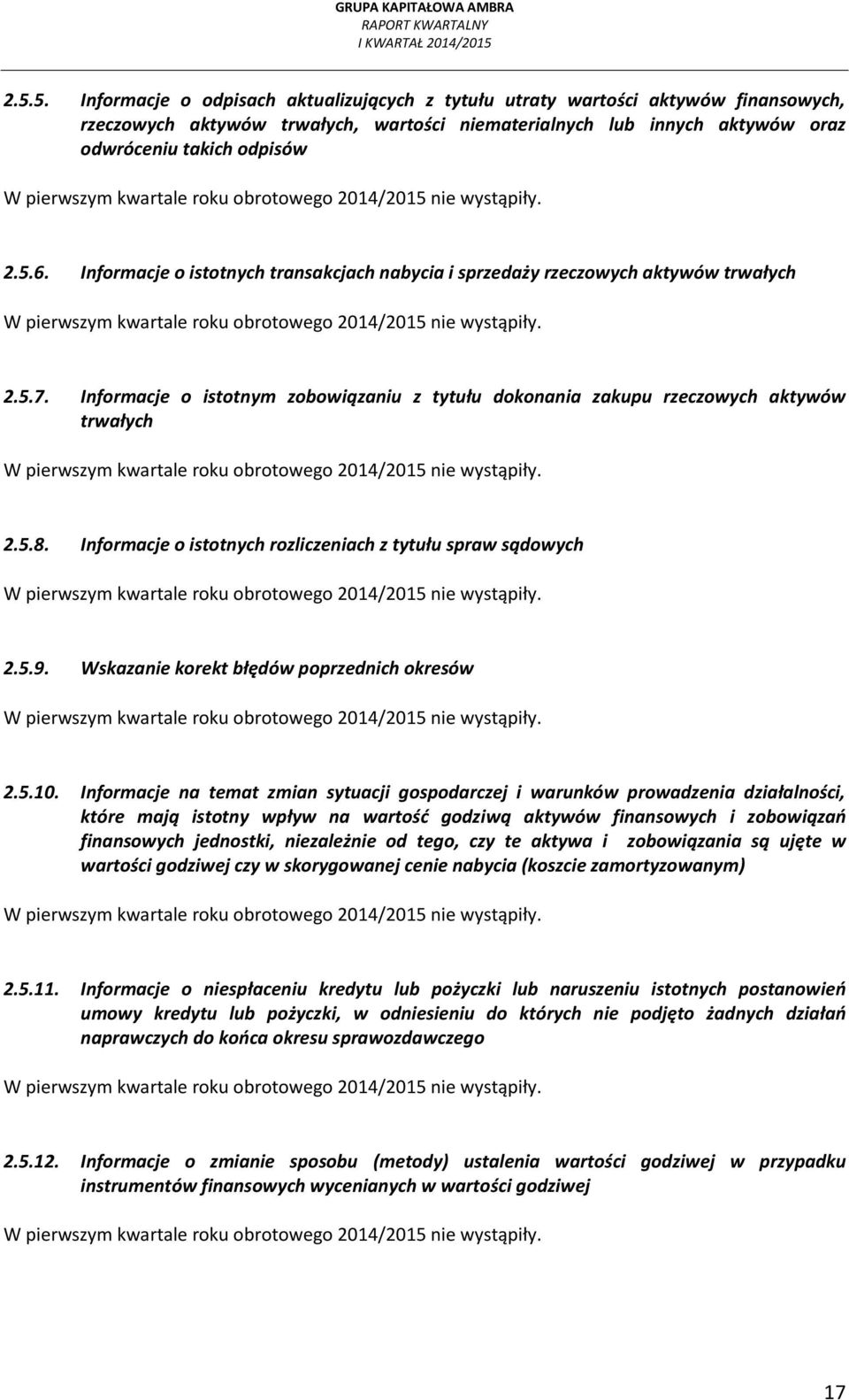 Informacje o istotnym zobowiązaniu z tytułu dokonania zakupu rzeczowych aktywów trwałych W pierwszym kwartale roku obrotowego nie wystąpiły. 2.5.8.