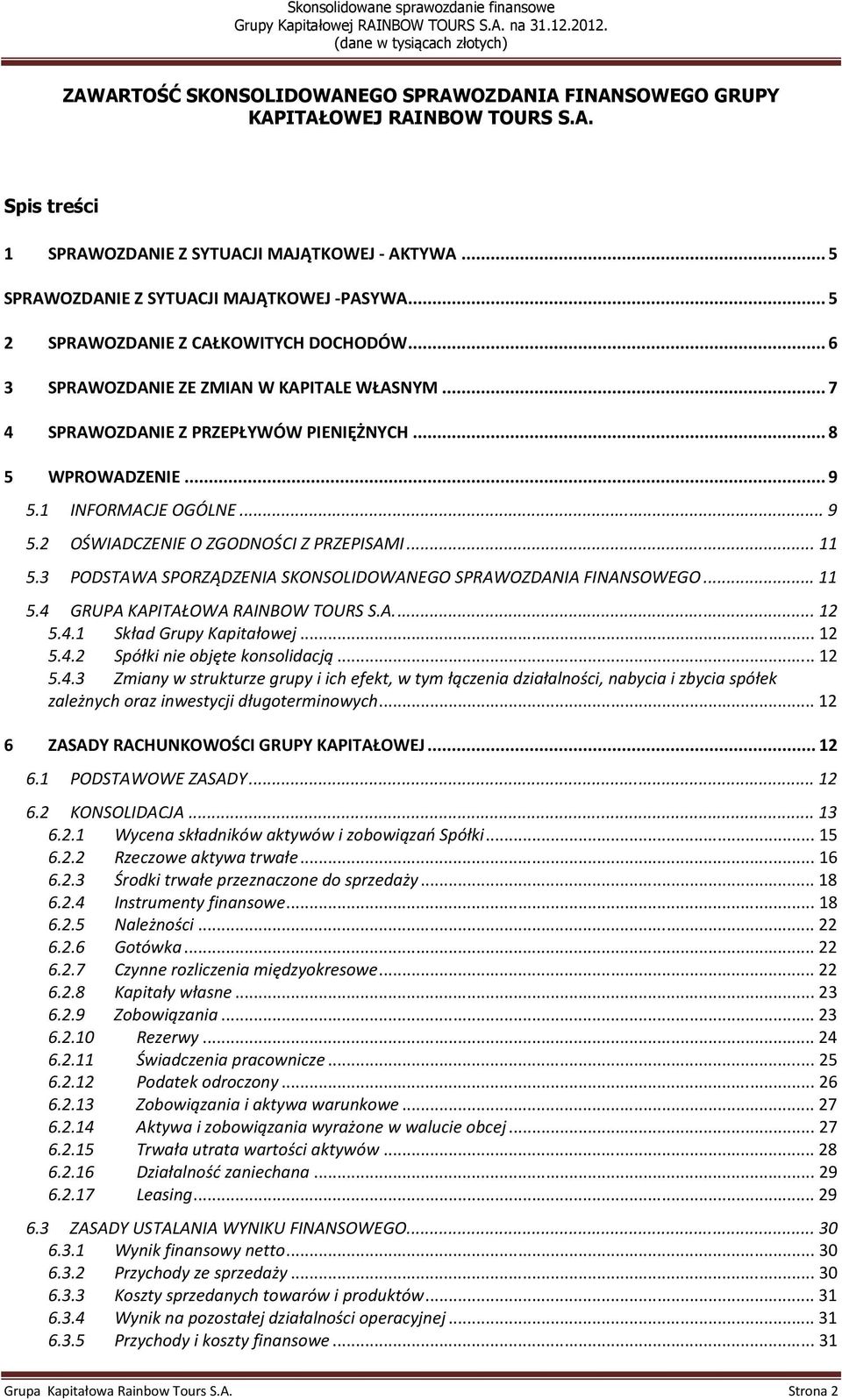 1 INFORMACJE OGÓLNE... 9 5.2 OŚWIADCZENIE O ZGODNOŚCI Z PRZEPISAMI... 11 5.3 PODSTAWA SPORZĄDZENIA SKONSOLIDOWANEGO SPRAWOZDANIA FINANSOWEGO... 11 5.4 GRUPA KAPITAŁOWA RAINBOW TOURS S.A.... 12 5.4.1 Skład Grupy Kapitałowej.