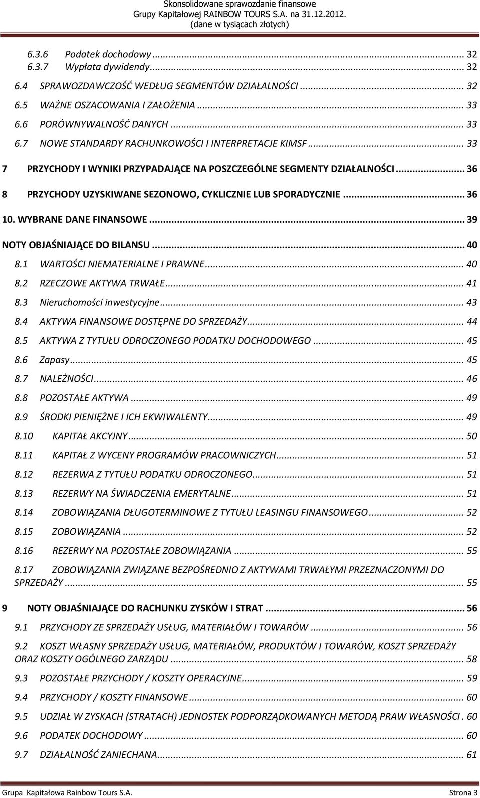 .. 36 8 PRZYCHODY UZYSKIWANE SEZONOWO, CYKLICZNIE LUB SPORADYCZNIE... 36 10. WYBRANE DANE FINANSOWE... 39 NOTY OBJAŚNIAJĄCE DO BILANSU... 40 8.1 WARTOŚCI NIEMATERIALNE I PRAWNE... 40 8.2 RZECZOWE AKTYWA TRWAŁE.