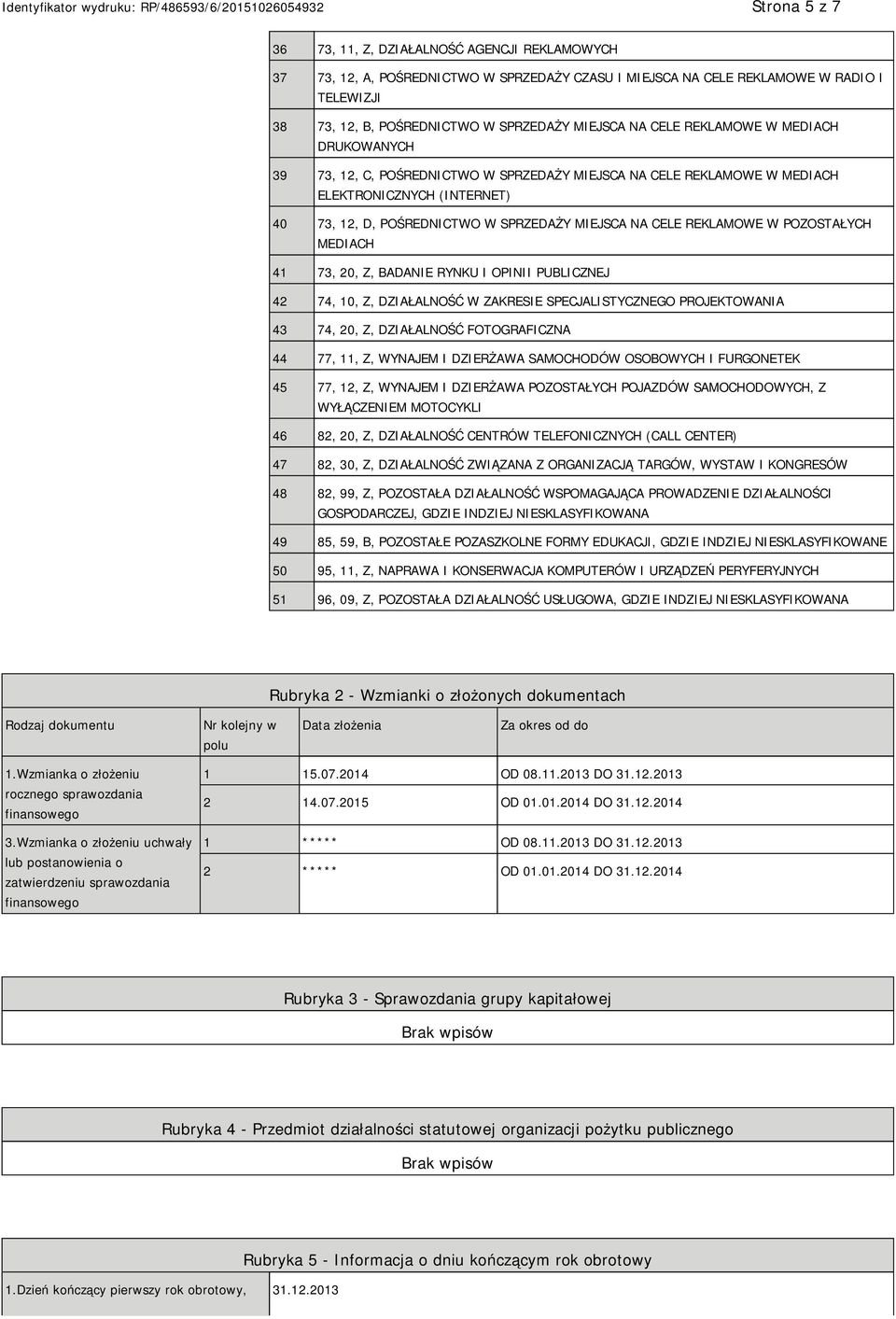 REKLAMOWE W POZOSTAŁYCH MEDIACH 41 73, 20, Z, BADA RYNKU I OPINII PUBLICZNEJ 42 74, 10, Z, DZIAŁALNOŚĆ W ZAKRESIE SPECJALISTYCZNEGO PROJEKTOWANIA 43 74, 20, Z, DZIAŁALNOŚĆ FOTOGRAFICZNA 44 77, 11, Z,