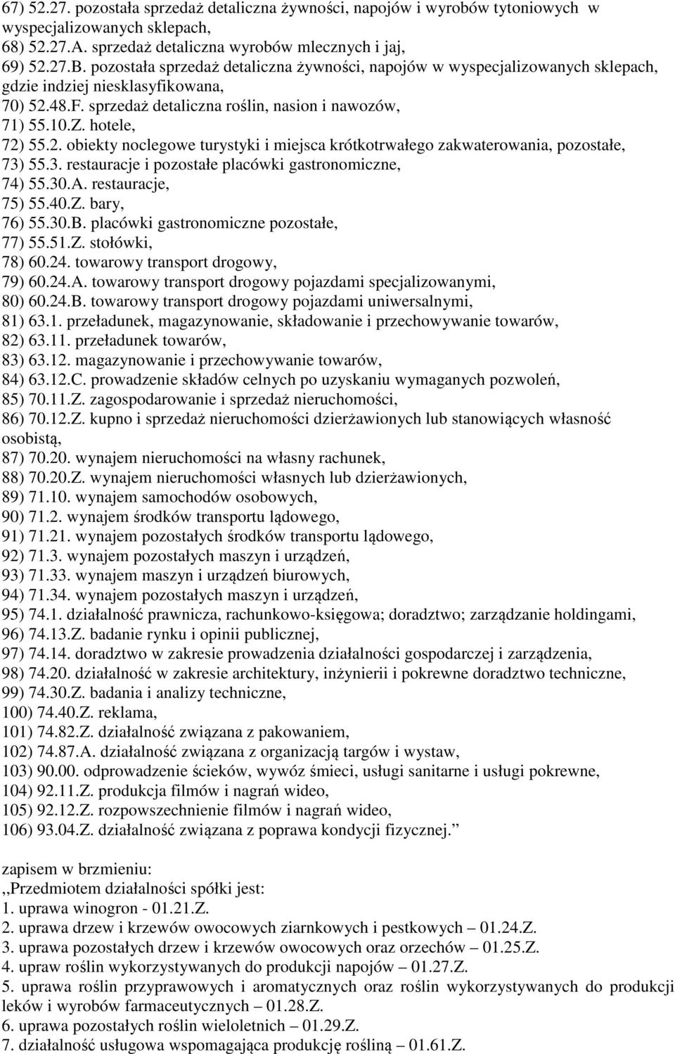 2. obiekty noclegowe turystyki i miejsca krótkotrwałego zakwaterowania, pozostałe, 73) 55.3. restauracje i pozostałe placówki gastronomiczne, 74) 55.30.A. restauracje, 75) 55.40.Z. bary, 76) 55.30.B.