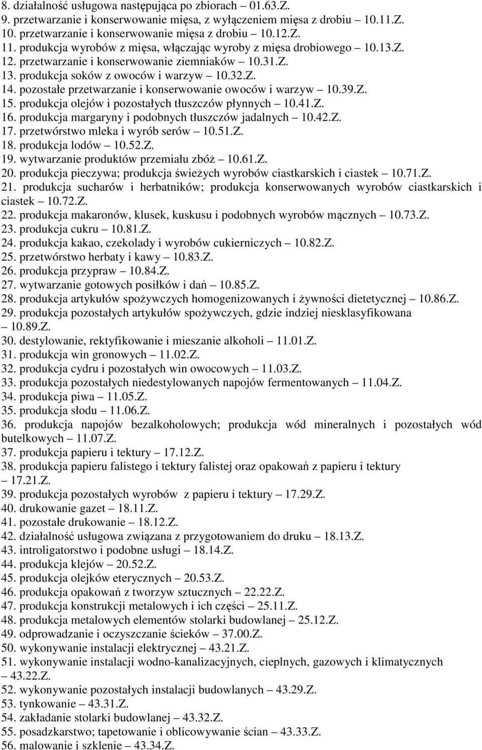 pozostałe przetwarzanie i konserwowanie owoców i warzyw 10.39.Z. 15. produkcja olejów i pozostałych tłuszczów płynnych 10.41.Z. 16. produkcja margaryny i podobnych tłuszczów jadalnych 10.42.Z. 17.