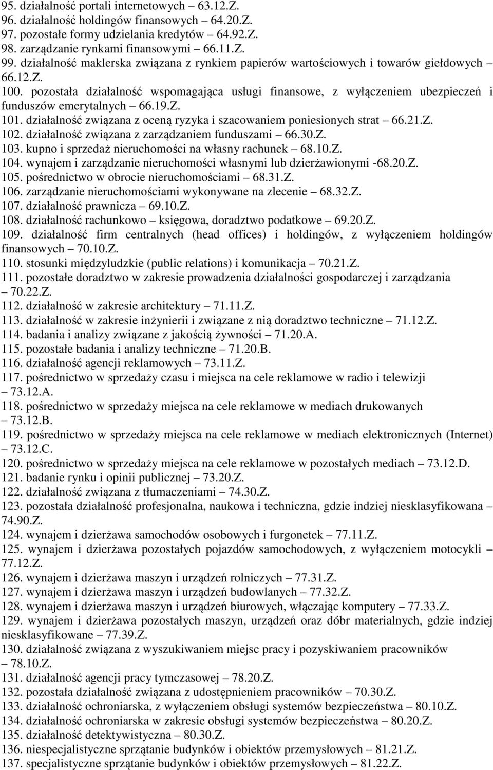 pozostała działalność wspomagająca usługi finansowe, z wyłączeniem ubezpieczeń i funduszów emerytalnych 66.19.Z. 101. działalność związana z oceną ryzyka i szacowaniem poniesionych strat 66.21.Z. 102.