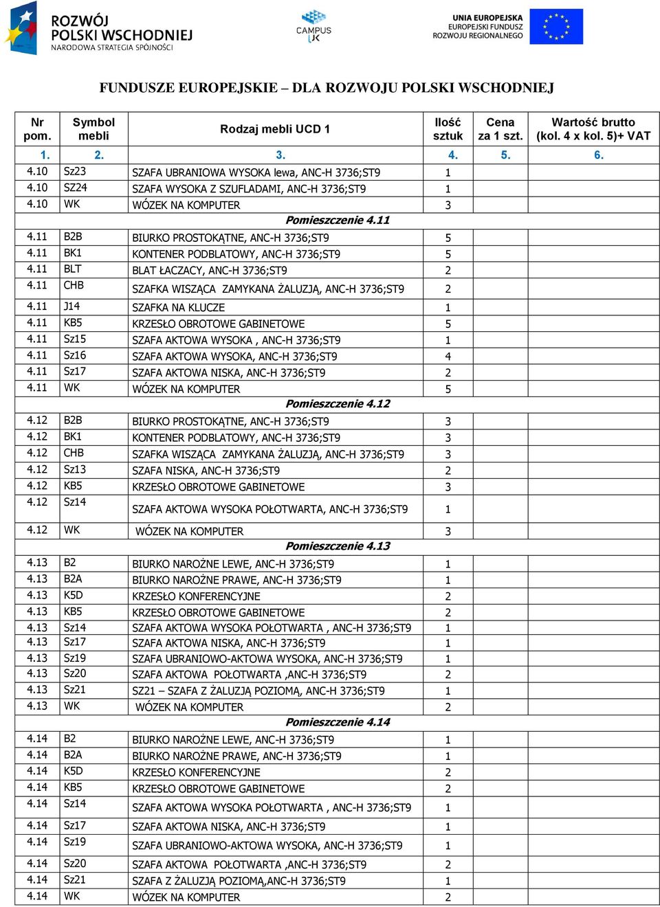 BLT BLAT ŁACZACY, ANC-H 3736;ST9 2 4. CHB SZAFKA WISZĄCA ZAMYKANA ŻALUZJĄ, ANC-H 3736;ST9 2 4. J4 SZAFKA NA KLUCZE 4. KB5 KRZESŁO OBROTOWE GABINETOWE 5 4. Sz5 SZAFA AKTOWA WYSOKA, ANC-H 3736;ST9 4.