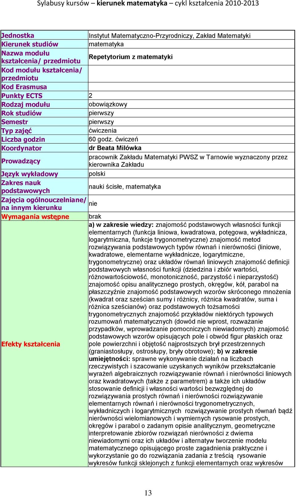 ćwiczeń Koordynator dr Beata Milówka pracownik Zakładu Matematyki PWSZ w Tarnowie wyznaczony przez Prowadzący kierownika Zakładu Język wykładowy polski Zakres nauk nauki ścisłe, matematyka