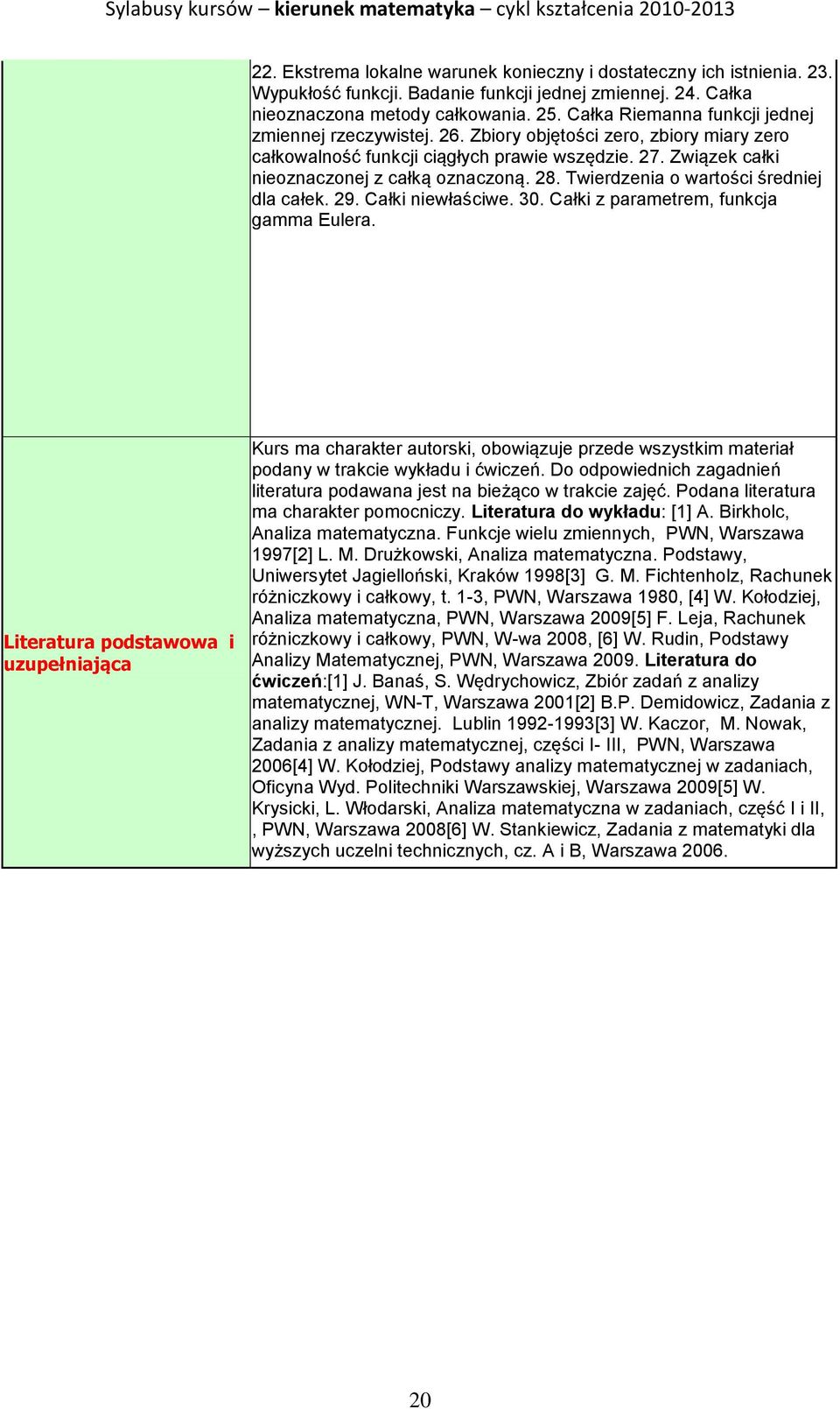 Twierdzenia o wartości średniej dla całek. 29. Całki niewłaściwe. 30. Całki z parametrem, funkcja gamma Eulera.