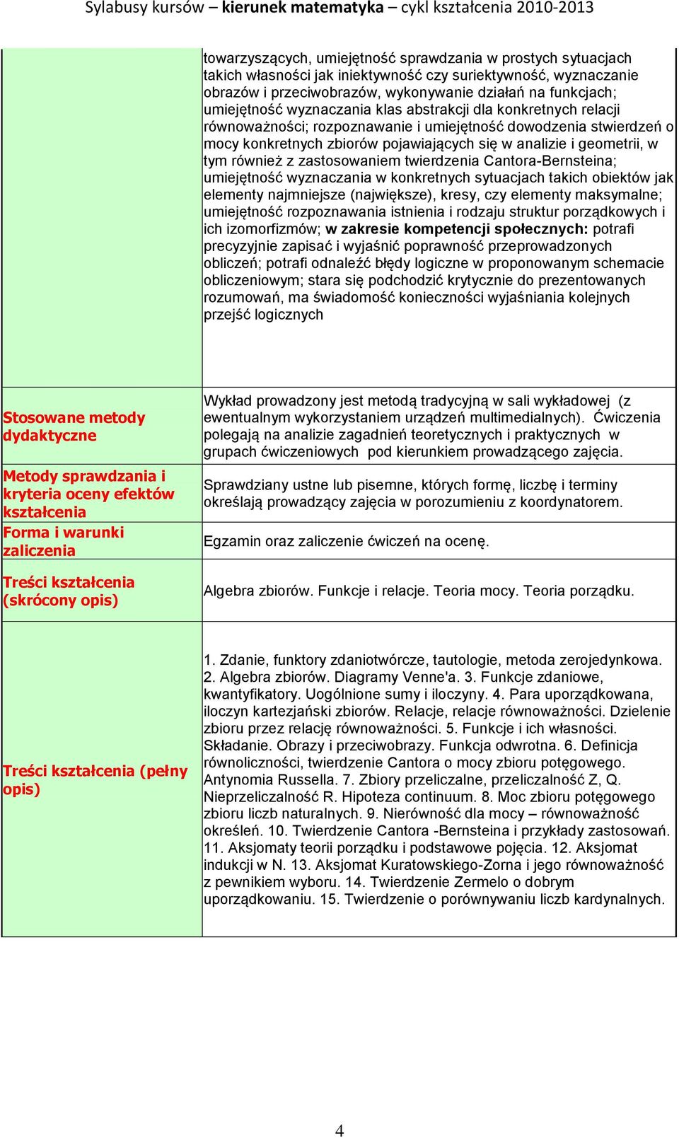 z zastosowaniem twierdzenia Cantora-Bernsteina; umiejętność wyznaczania w konkretnych sytuacjach takich obiektów jak elementy najmniejsze (największe), kresy, czy elementy maksymalne; umiejętność