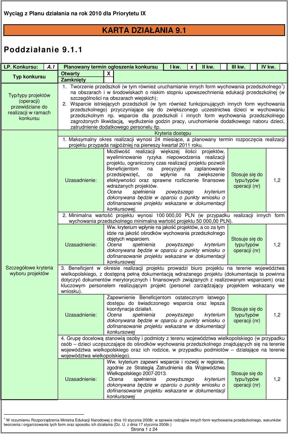 Tworzenie przedszkoli (w tym również uruchamianie innych form wychowania przedszkolnego ) na obszarach i w środowiskach o niskim stopniu upowszechnienia edukacji przedszkolnej (w Typ/typy projektów