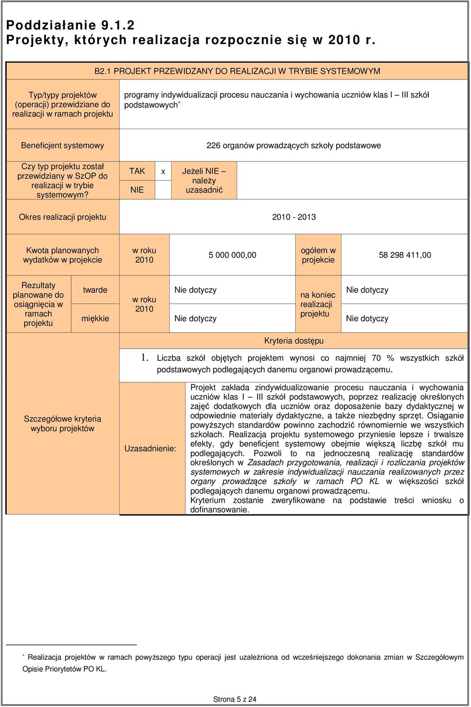 I III szkół podstawowych Beneficjent systemowy Czy typ projektu został przewidziany w SzOP do realizacji w trybie systemowym?